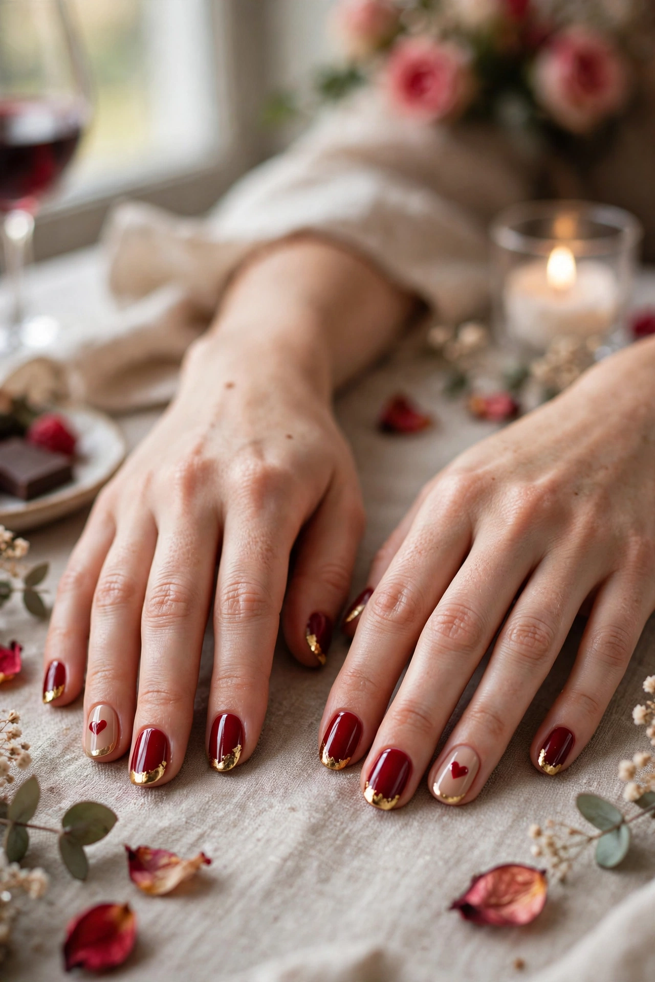 Deep Red Red Heart Accent Nails in Round Shape with a Gold Foil Tip
