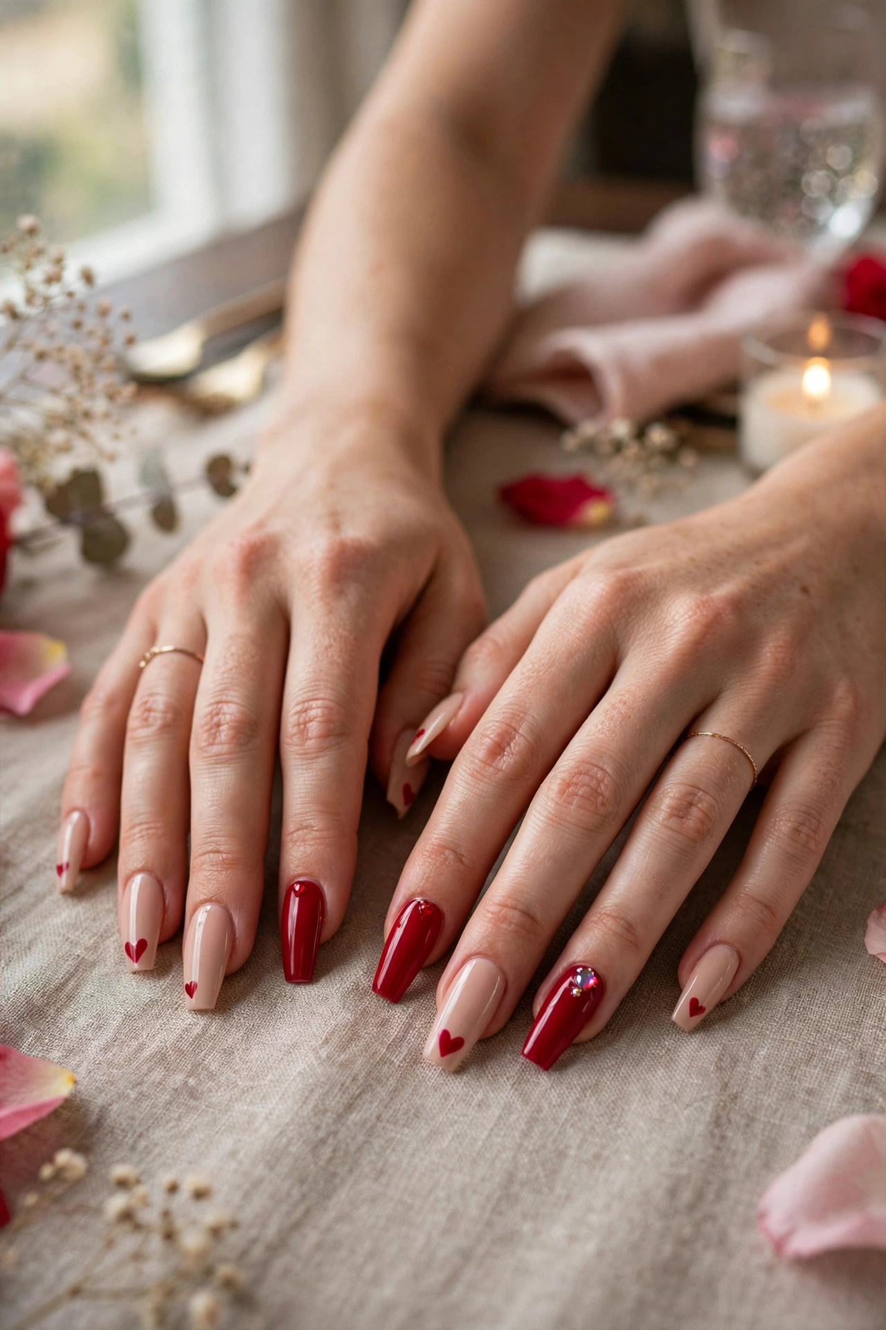 Crimson Red Heart Accent Nails in Coffin Shape with a Jewel Accent on One Nail