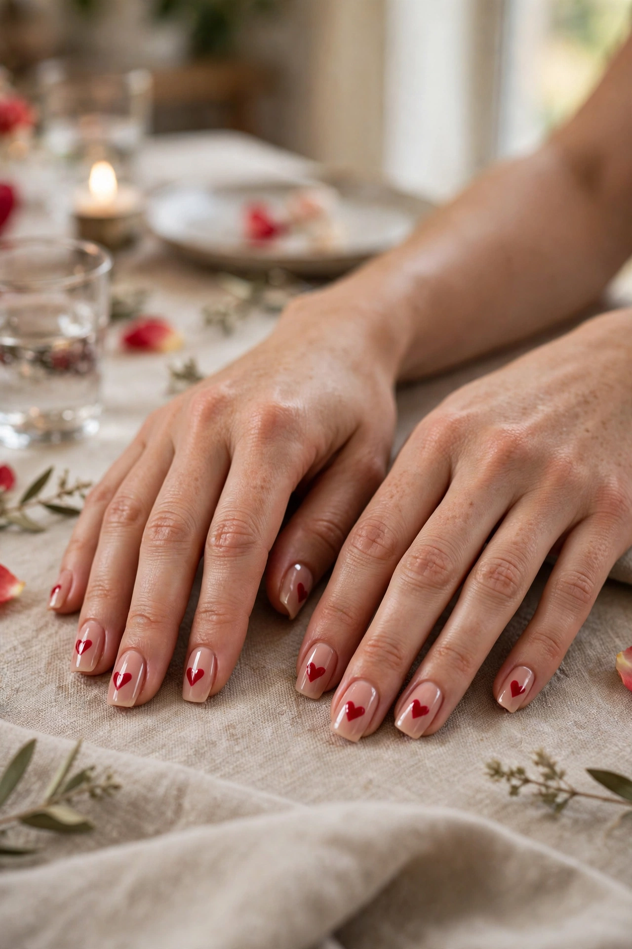 Classic Red Red Heart Accent Nails in Squoval Shape with a Glossy Top Coat