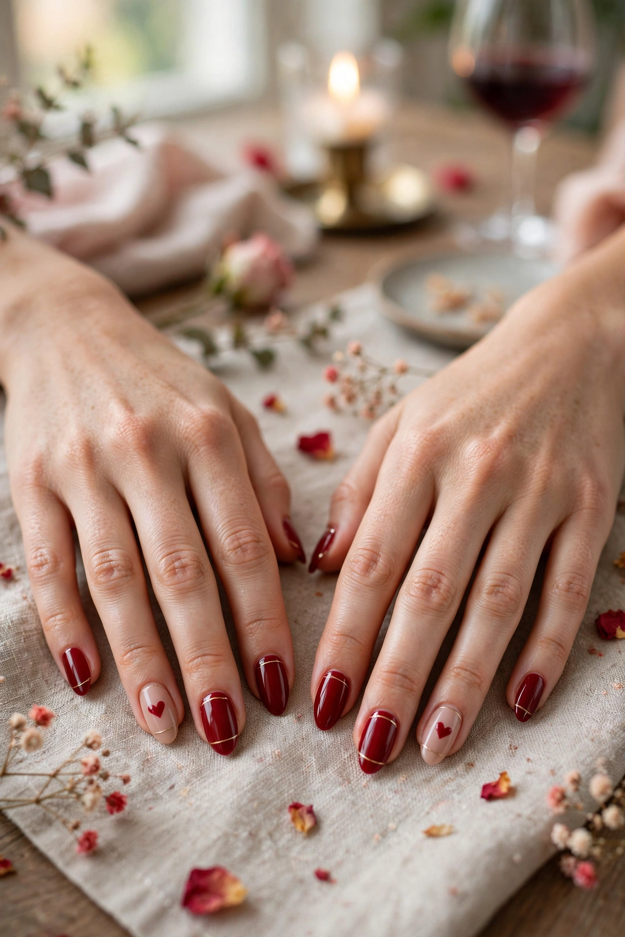 Deep Red Red Heart Accent Nails in Almond Shape with a Thin Gold Line