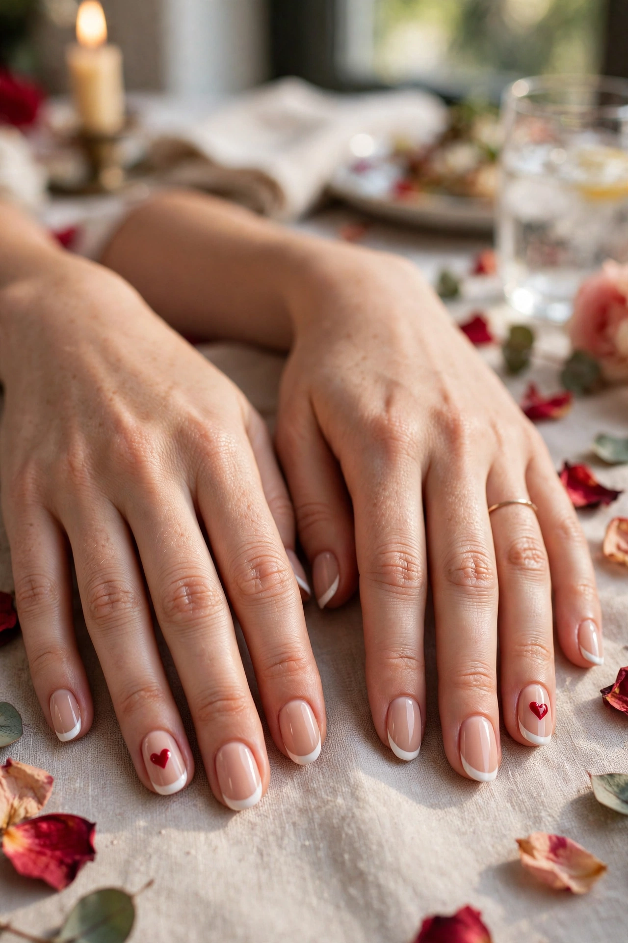 Crimson Red Heart Accent Nails in Oval Shape with a Classic French Tip