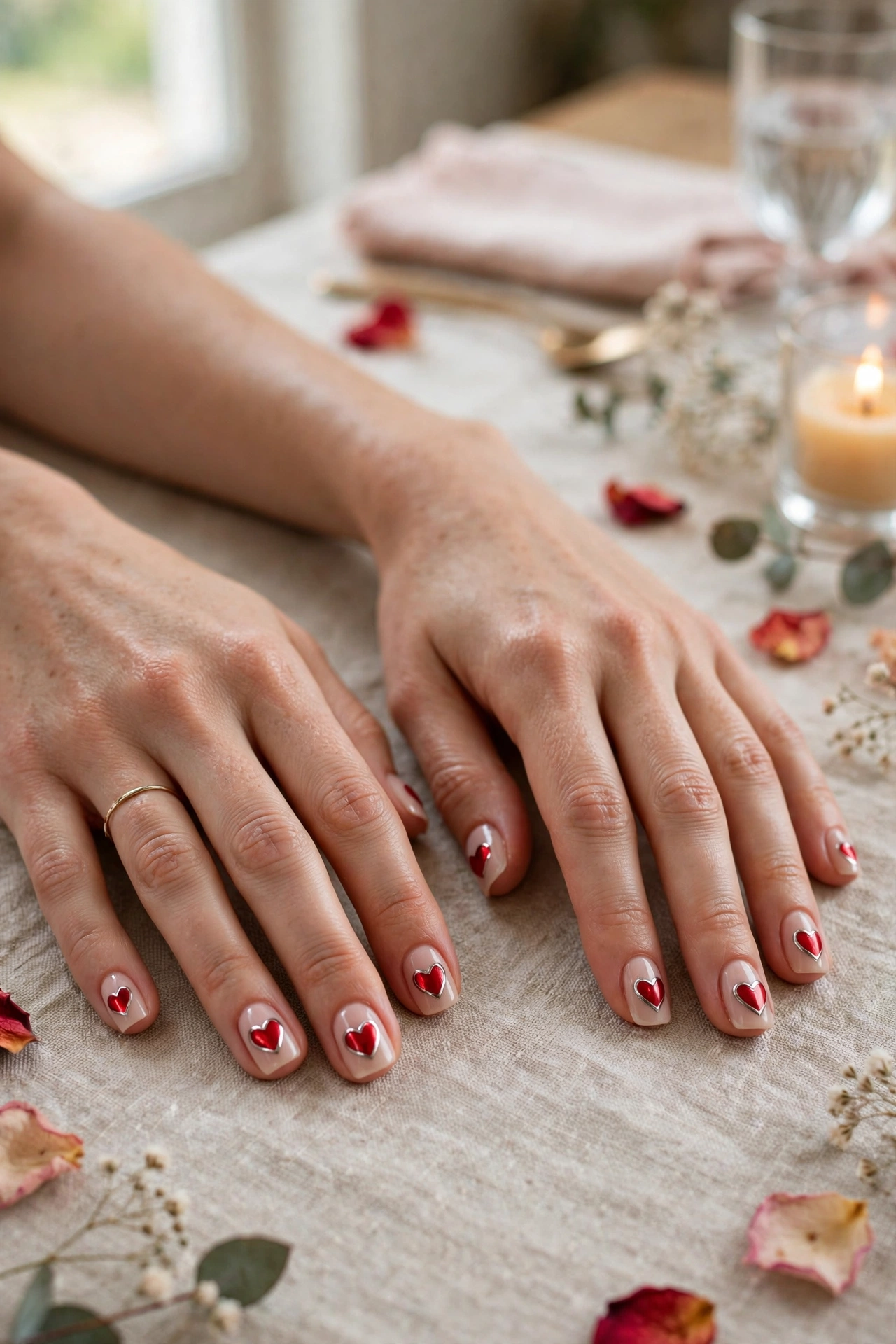Classic Red Red Heart Accent Nails in Short Square Shape with a Chrome Shine