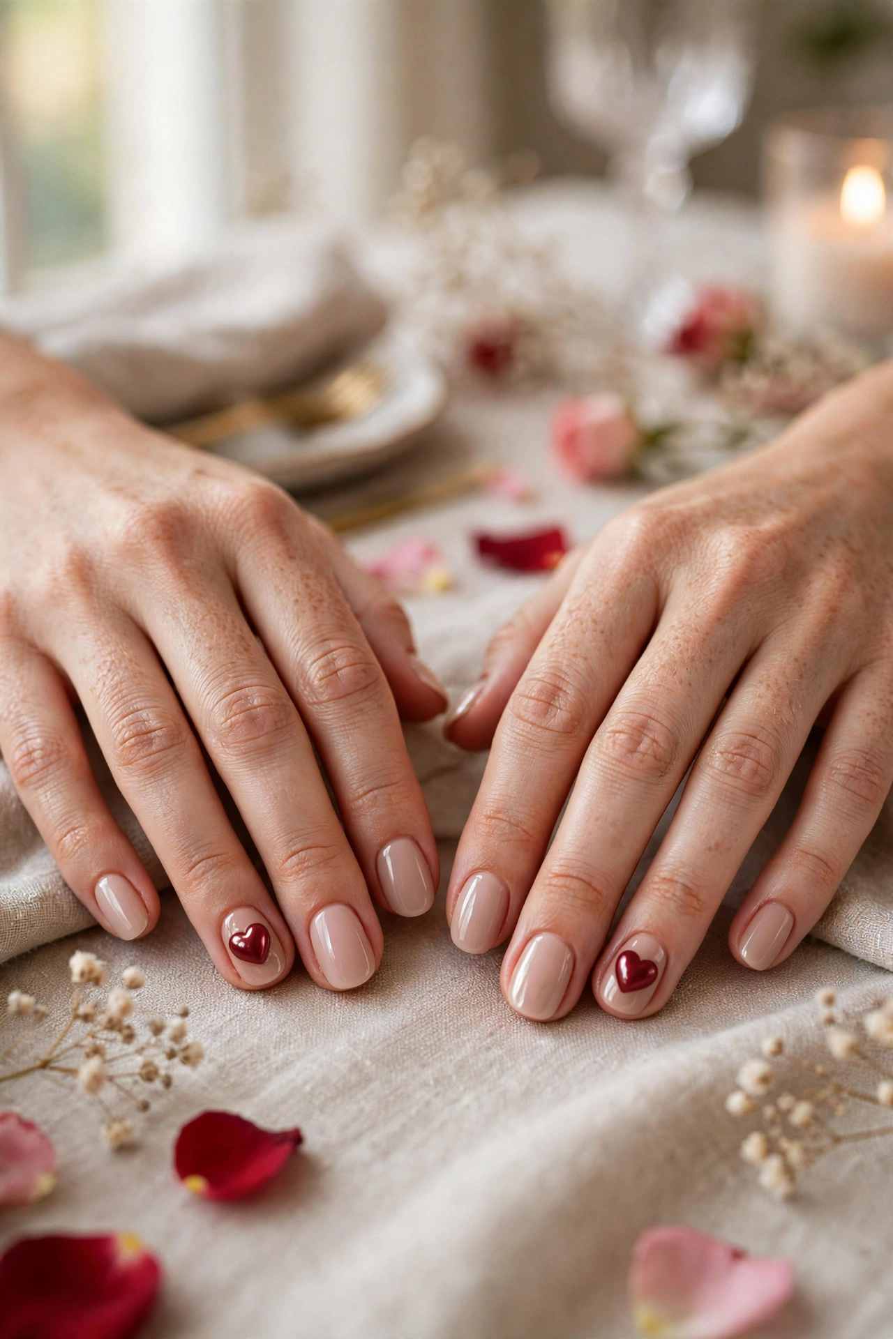 Deep Red Red Heart Accent Nails in Round Shape with a Pearl Finish