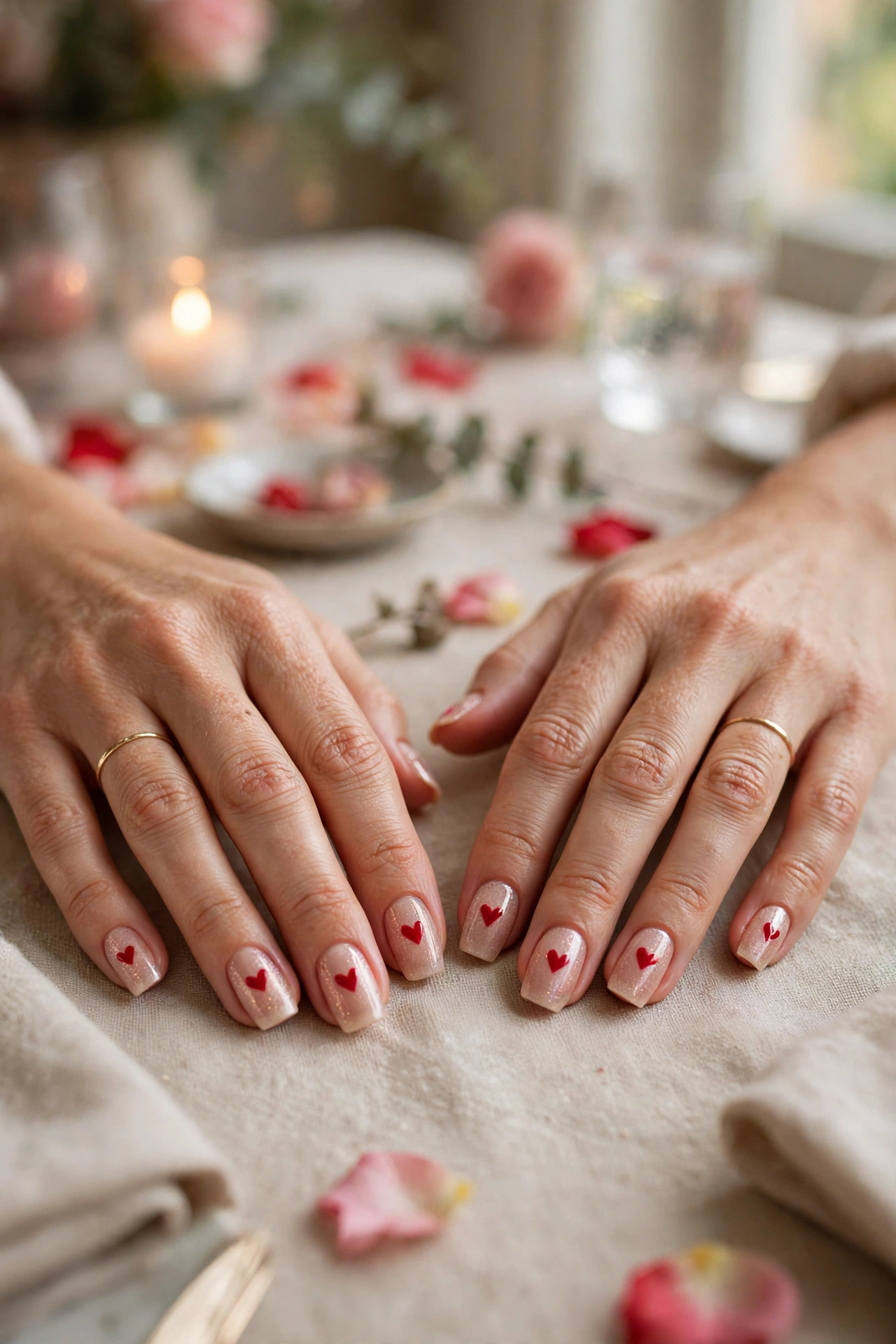 Classic Red Red Heart Accent Nails in Squoval Shape with a Sheer Shimmer Layer