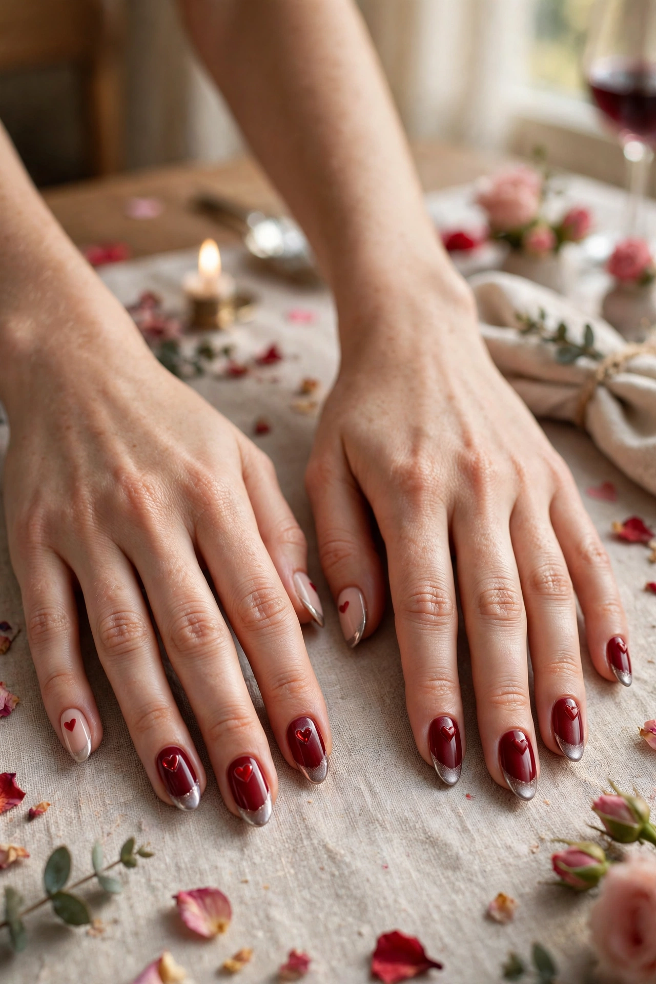 Deep Red Red Heart Accent Nails in Almond Shape with a Frosted Chrome Tip