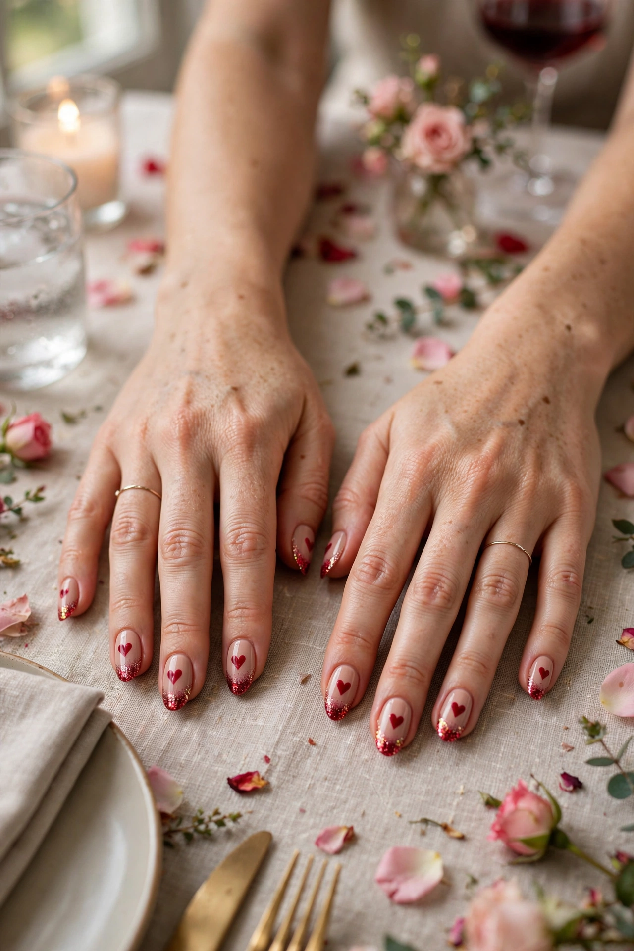 Crimson Red Heart Accent Nails in Oval Shape with a Glitter Fade Tip