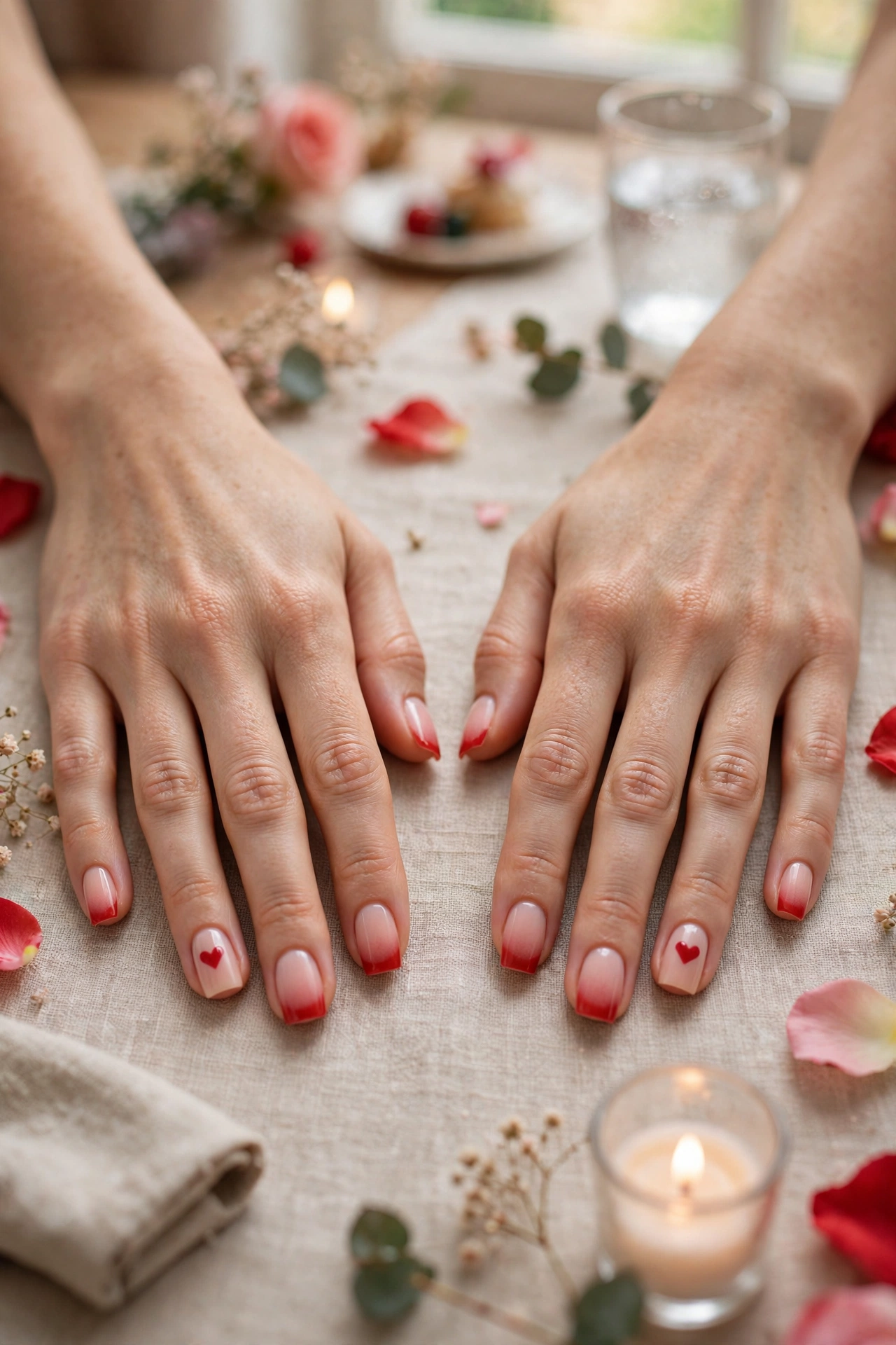 Classic Red Red Heart Accent Nails in Short Square Shape with a Soft Ombré Fade
