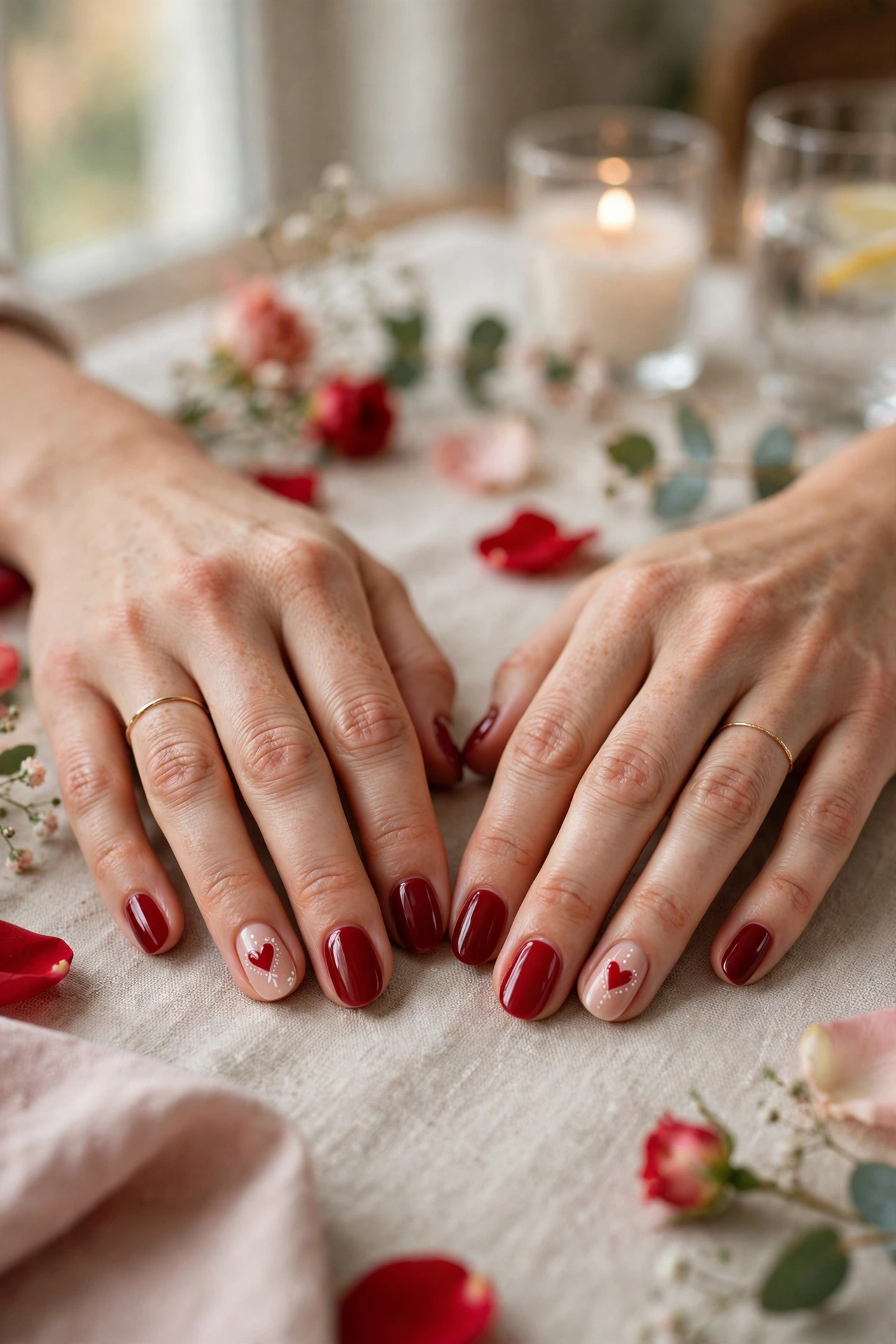 Deep Red Red Heart Accent Nails in Round Shape with a Delicate White Detail