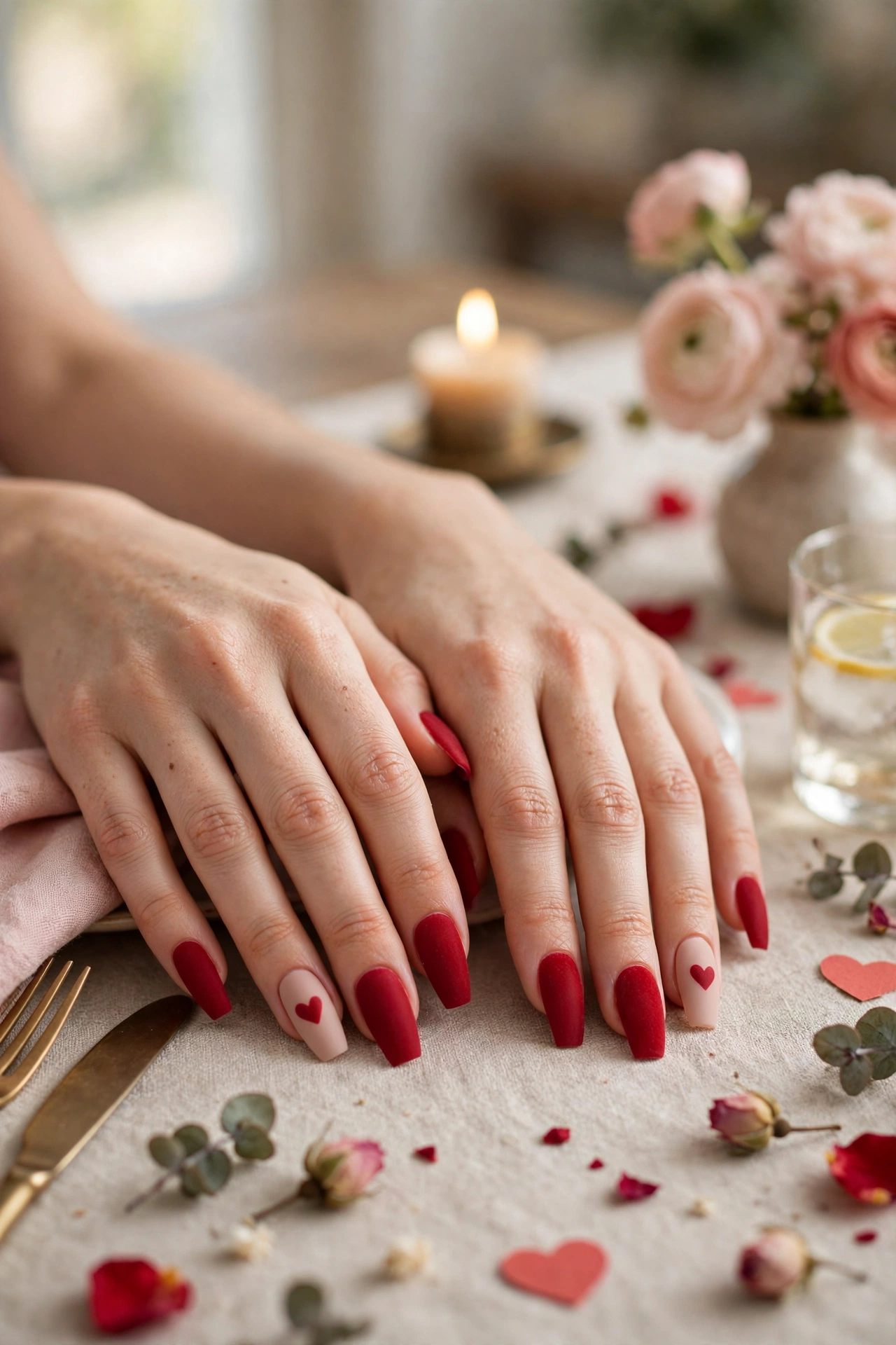 Crimson Red Heart Accent Nails in Coffin Shape with a Velvet Matte Finish