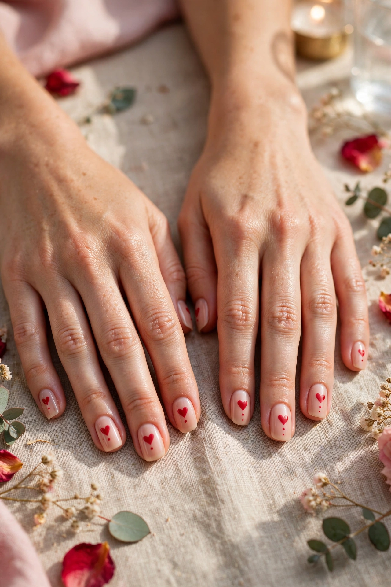 Classic Red Red Heart Accent Nails in Squoval Shape with a Minimal Dot Detail