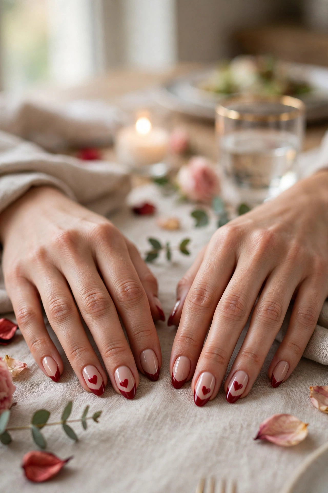 Deep Red Red Heart Accent Nails in Almond Shape with a Two-Tone Finish