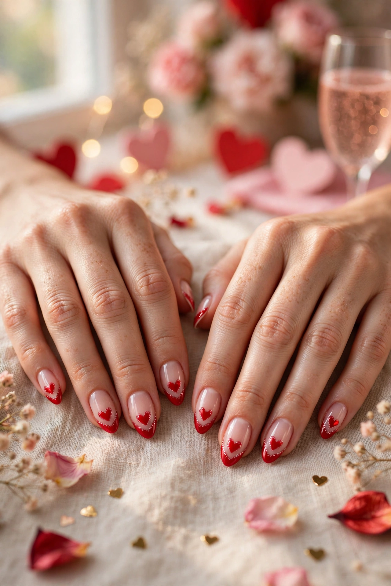 Classic Red Red Heart French Tip Nails in Almond Shape with a Subtle Glitter Accent