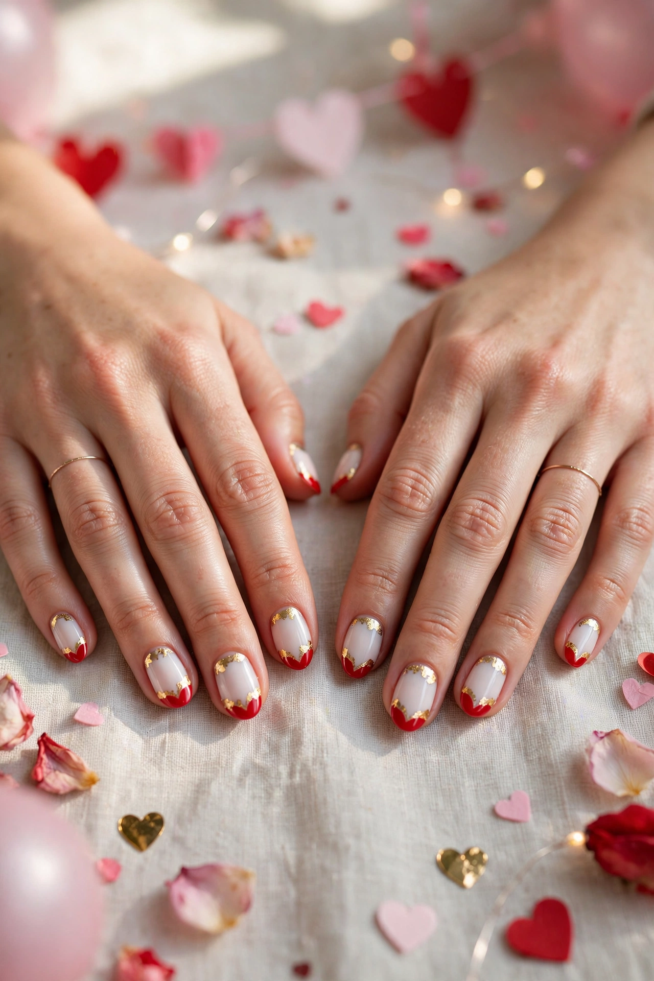 White and Red Red Heart French Tip Nails in Oval Shape with a Gold Foil Tip