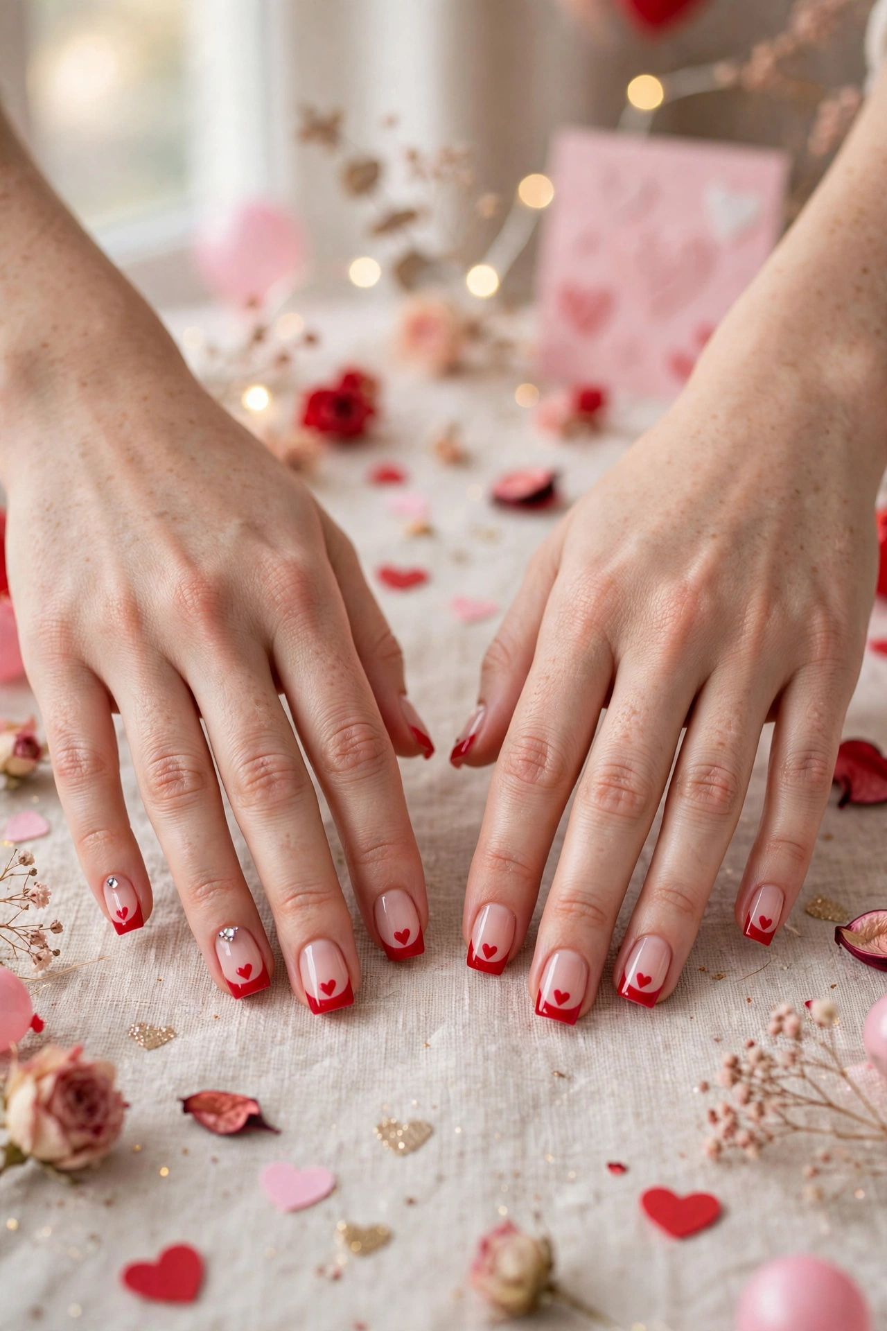 Bright Red Red Heart French Tip Nails in Short Square Shape with a Jewel Accent on One Nail