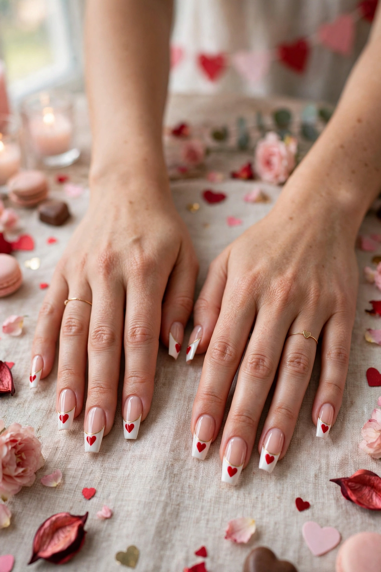 White and Red Red Heart French Tip Nails in Coffin Shape with a Thin Gold Line