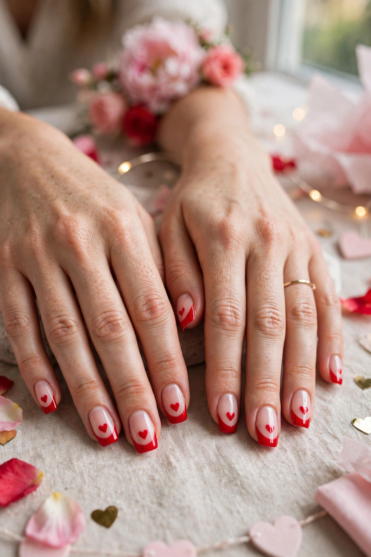 Bright Red Red Heart French Tip Nails in Squoval Shape with a Classic French Tip
