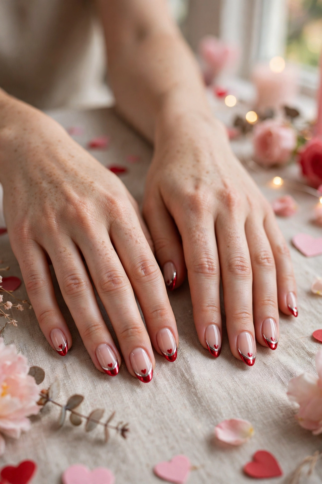 Classic Red Red Heart French Tip Nails in Almond Shape with a Chrome Shine