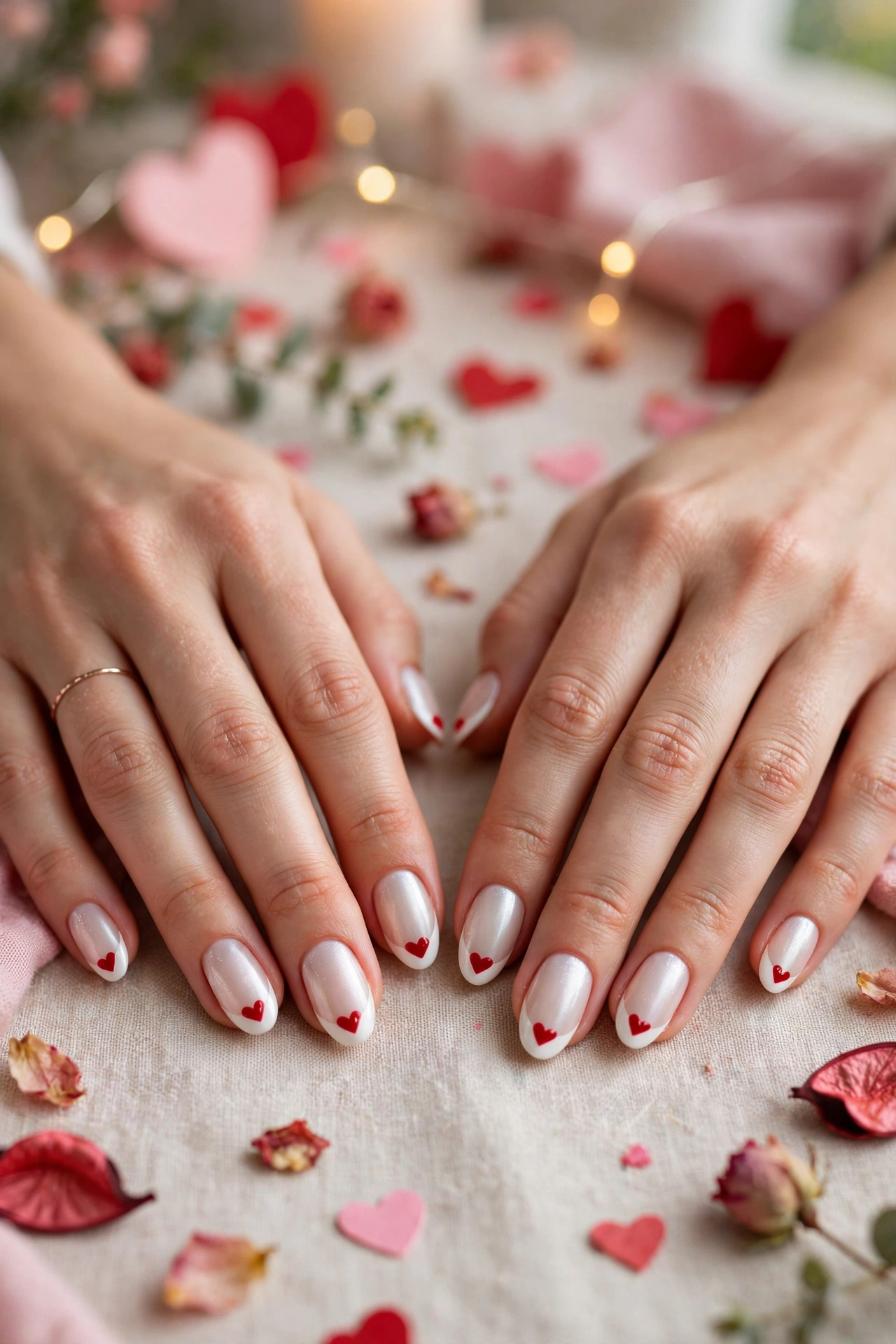 White and Red Red Heart French Tip Nails in Oval Shape with a Pearl Finish