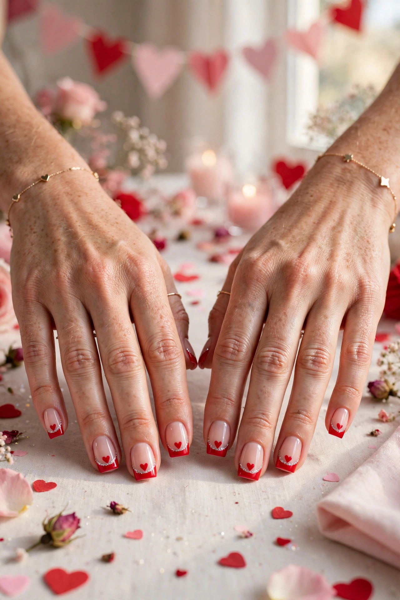 Bright Red Red Heart French Tip Nails in Short Square Shape with a Silver Shimmer Line