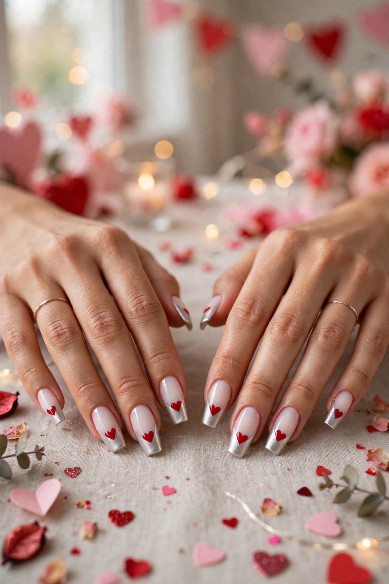White and Red Red Heart French Tip Nails in Coffin Shape with a Frosted Chrome Tip