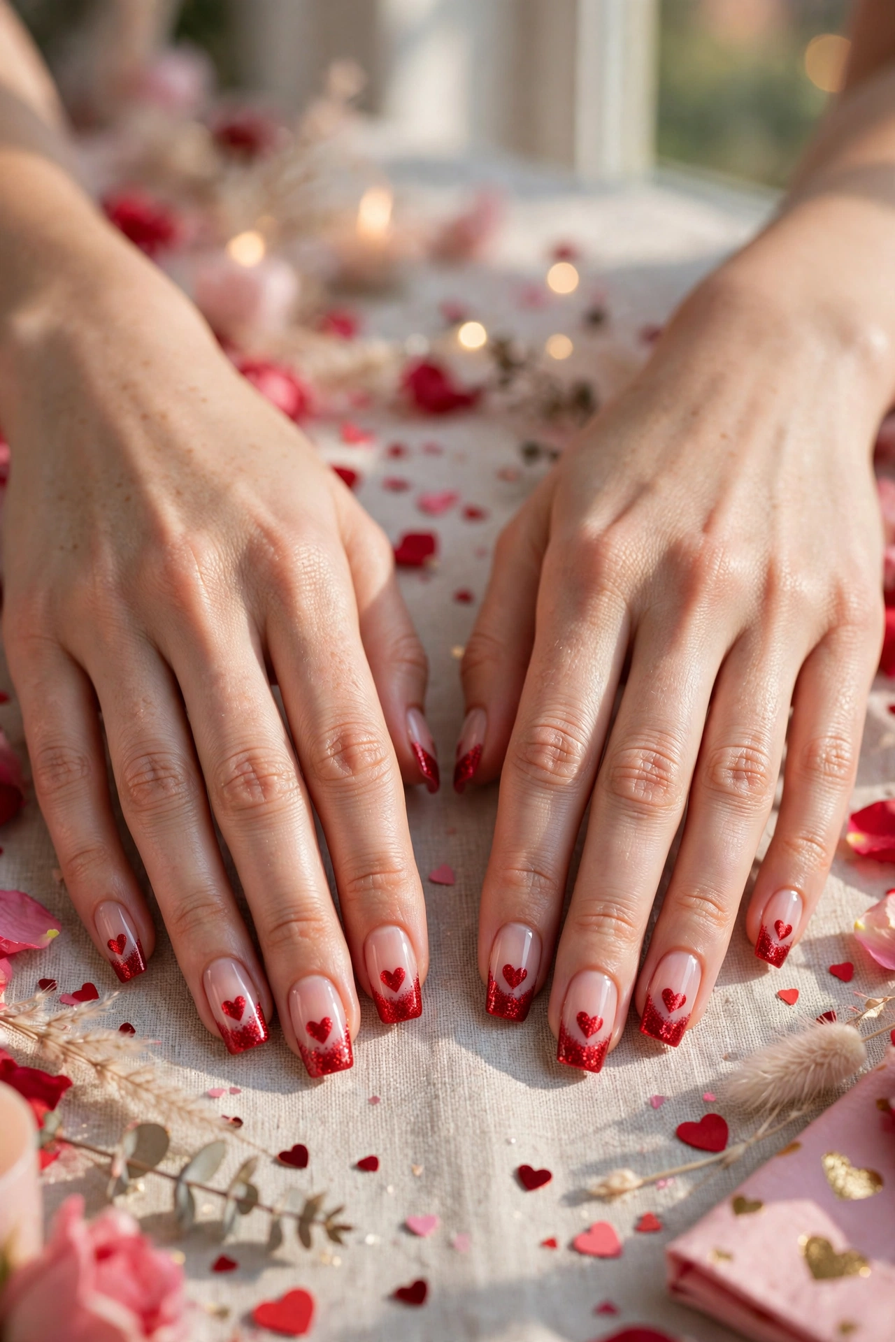 Bright Red Red Heart French Tip Nails in Squoval Shape with a Glitter Fade Tip