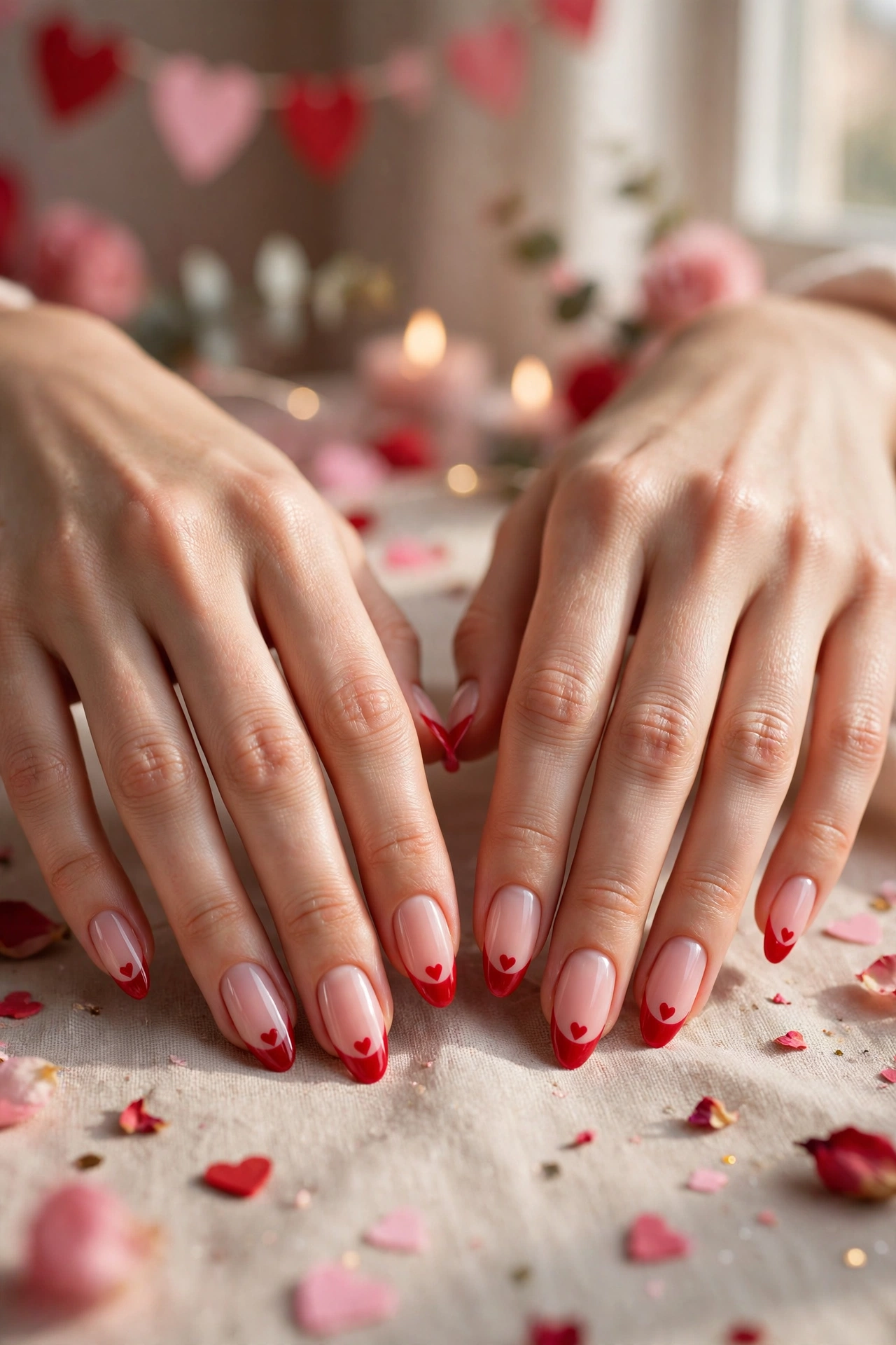 Classic Red Red Heart French Tip Nails in Almond Shape with a Soft Ombré Fade