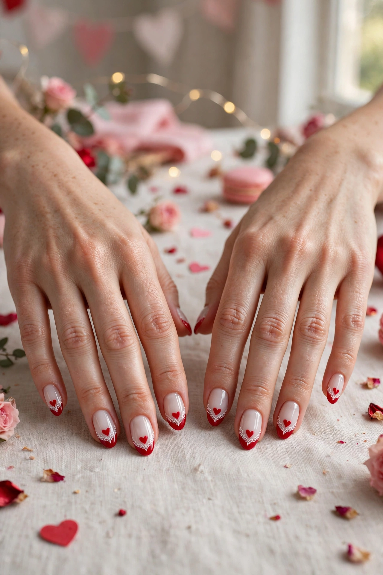 White and Red Red Heart French Tip Nails in Oval Shape with a Delicate White Detail