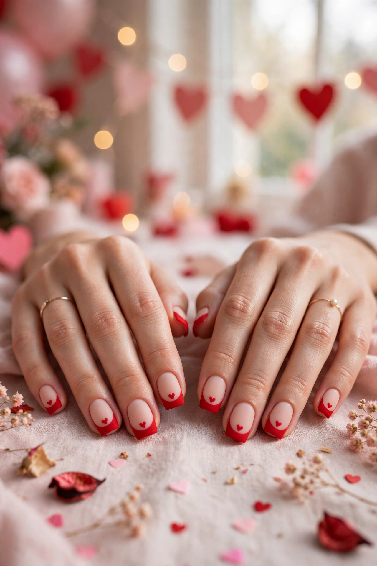 Bright Red Red Heart French Tip Nails in Short Square Shape with a Velvet Matte Finish