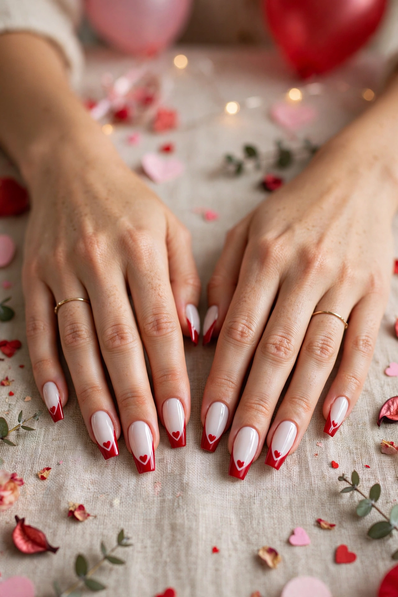 White and Red Red Heart French Tip Nails in Coffin Shape with a Two-Tone Finish