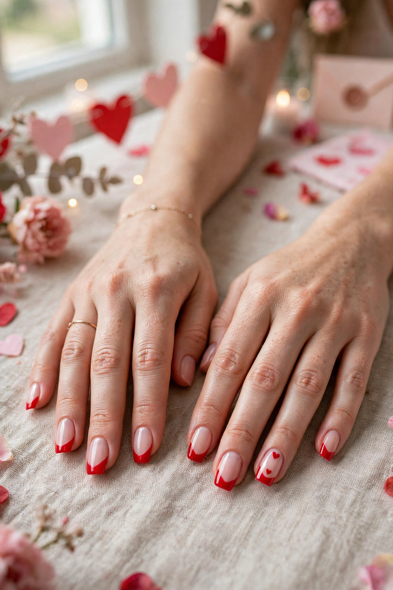 Bright Red Red Heart French Tip Nails in Squoval Shape with a Tiny Heart on the Accent Nail