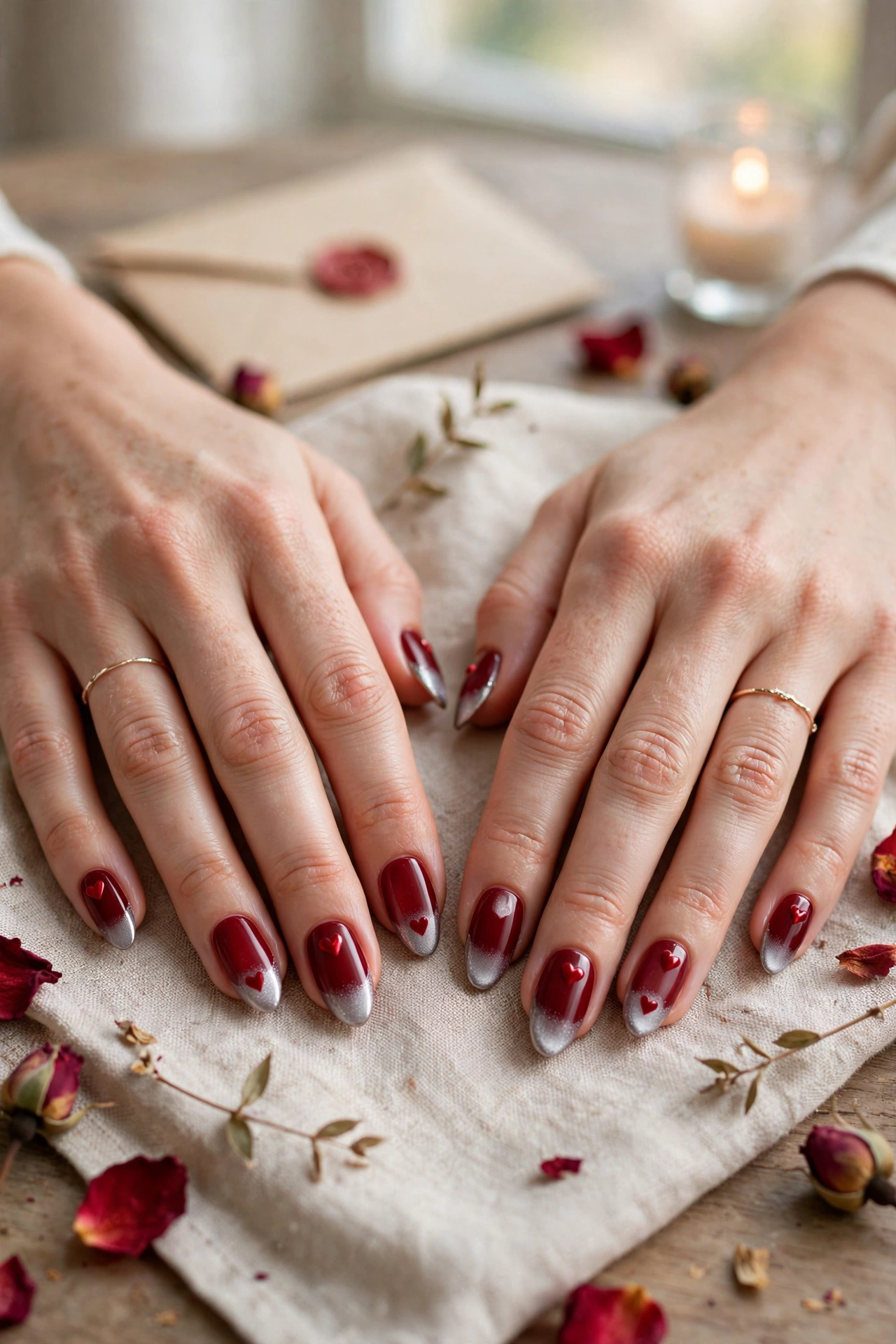 Deep Red Red Heart Nail Art in Almond Shape with a Frosted Chrome Tip
