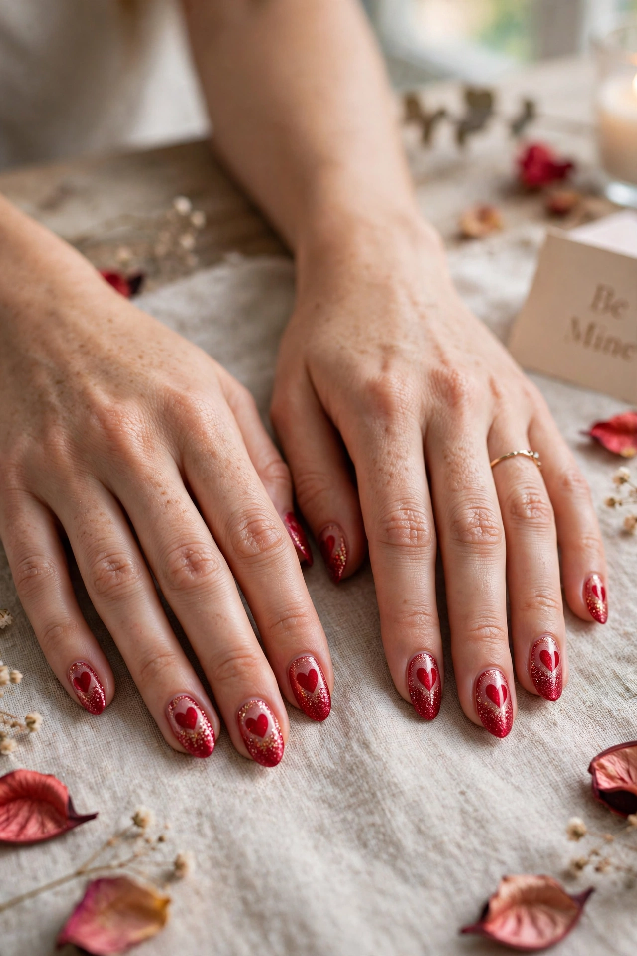 Crimson Red Heart Nail Art in Oval Shape with a Glitter Fade Tip