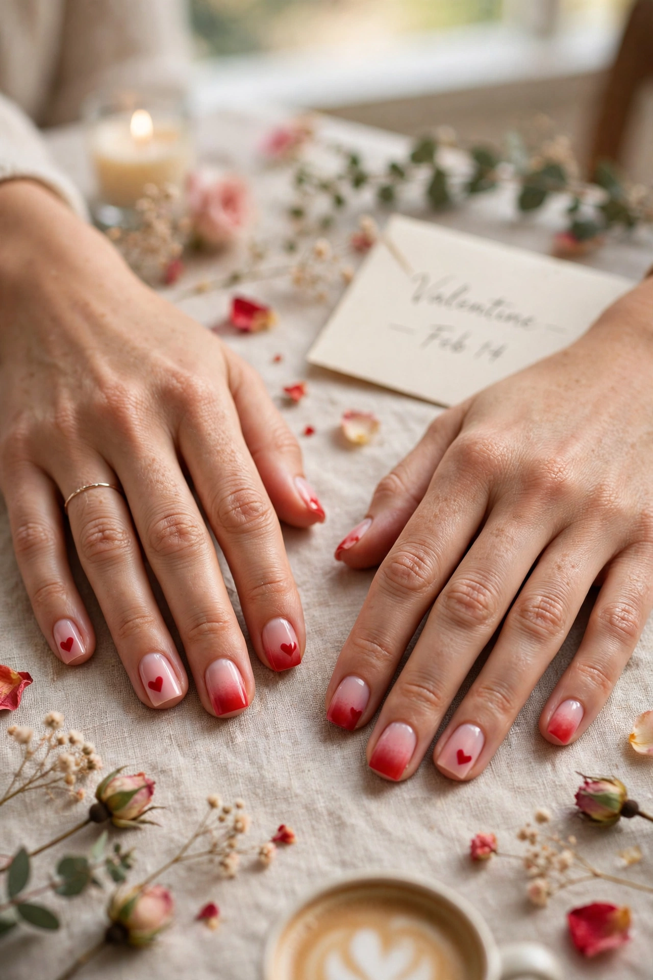 Classic Red Red Heart Nail Art in Short Square Shape with a Soft Ombré Fade