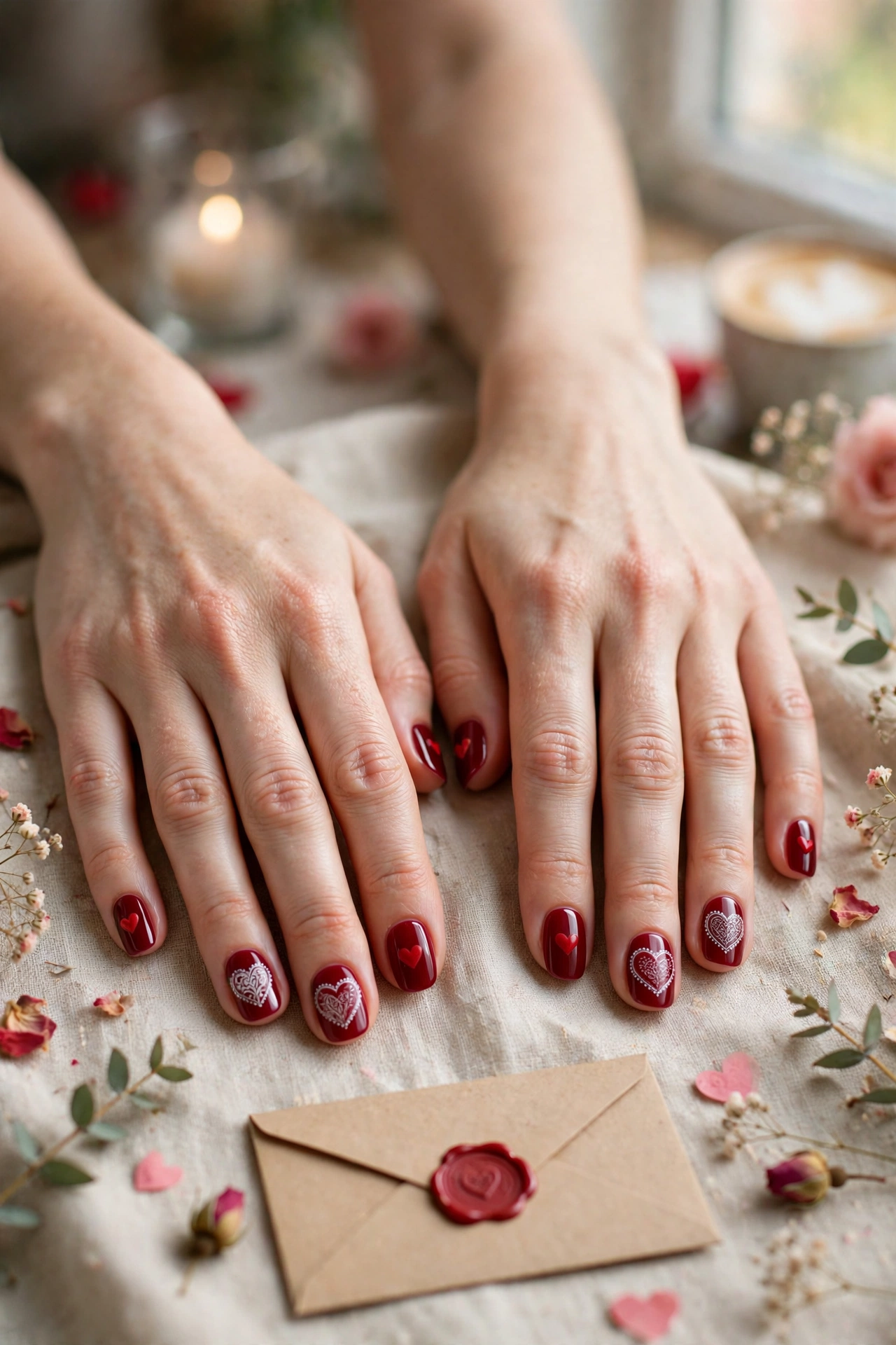 Deep Red Red Heart Nail Art in Round Shape with a Delicate White Detail
