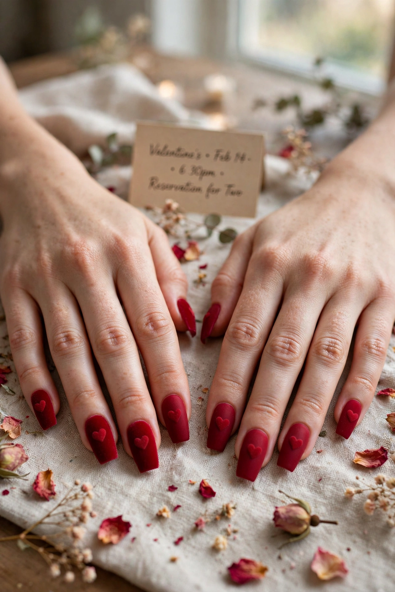 Crimson Red Heart Nail Art in Coffin Shape with a Velvet Matte Finish