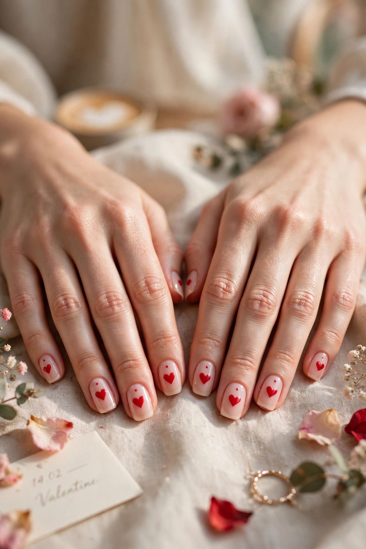 Classic Red Red Heart Nail Art in Squoval Shape with a Minimal Dot Detail