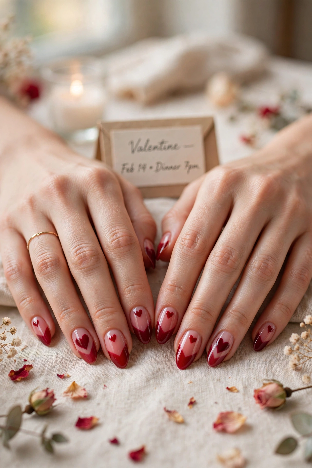 Deep Red Red Heart Nail Art in Almond Shape with a Two-Tone Finish
