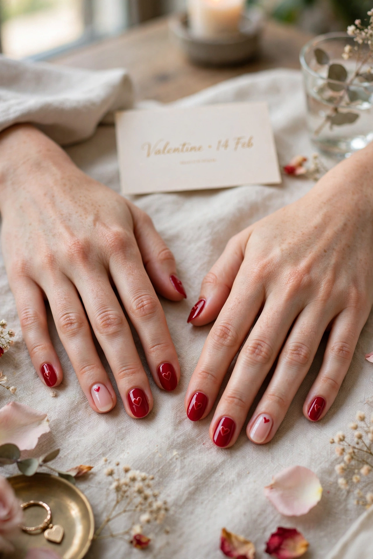 Crimson Red Heart Nail Art in Oval Shape with a Tiny Heart on the Accent Nail