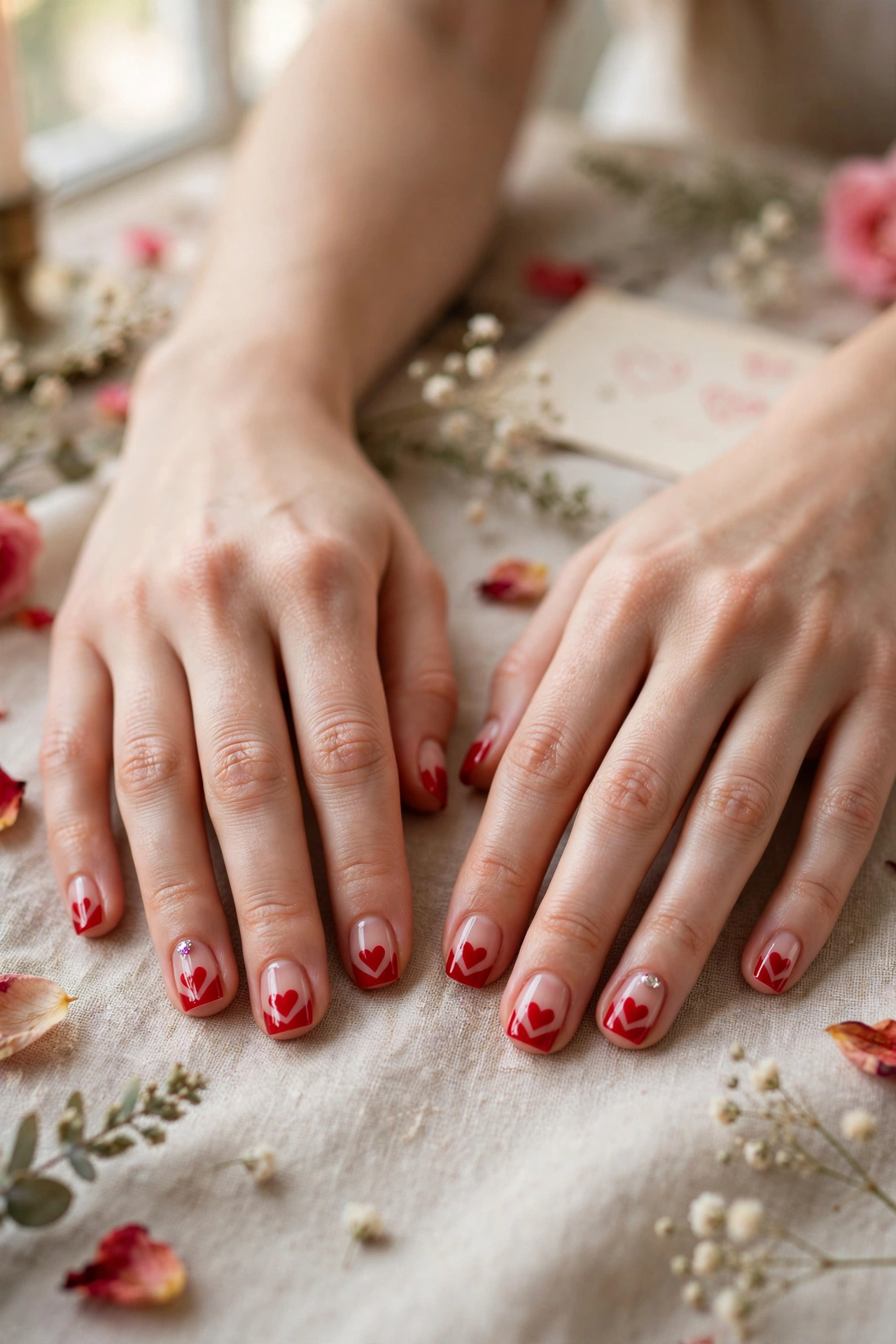 Classic Red Red Heart Nail Art in Short Square Shape with a Tiny Crystal on the Ring Finger