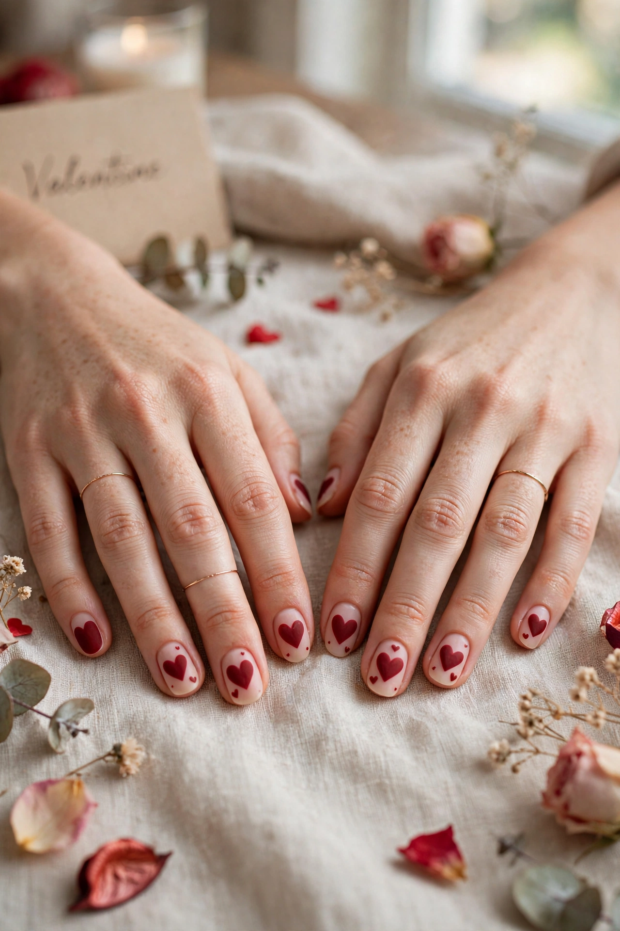 Deep Red Red Heart Nail Art in Round Shape with a Matte Top Coat