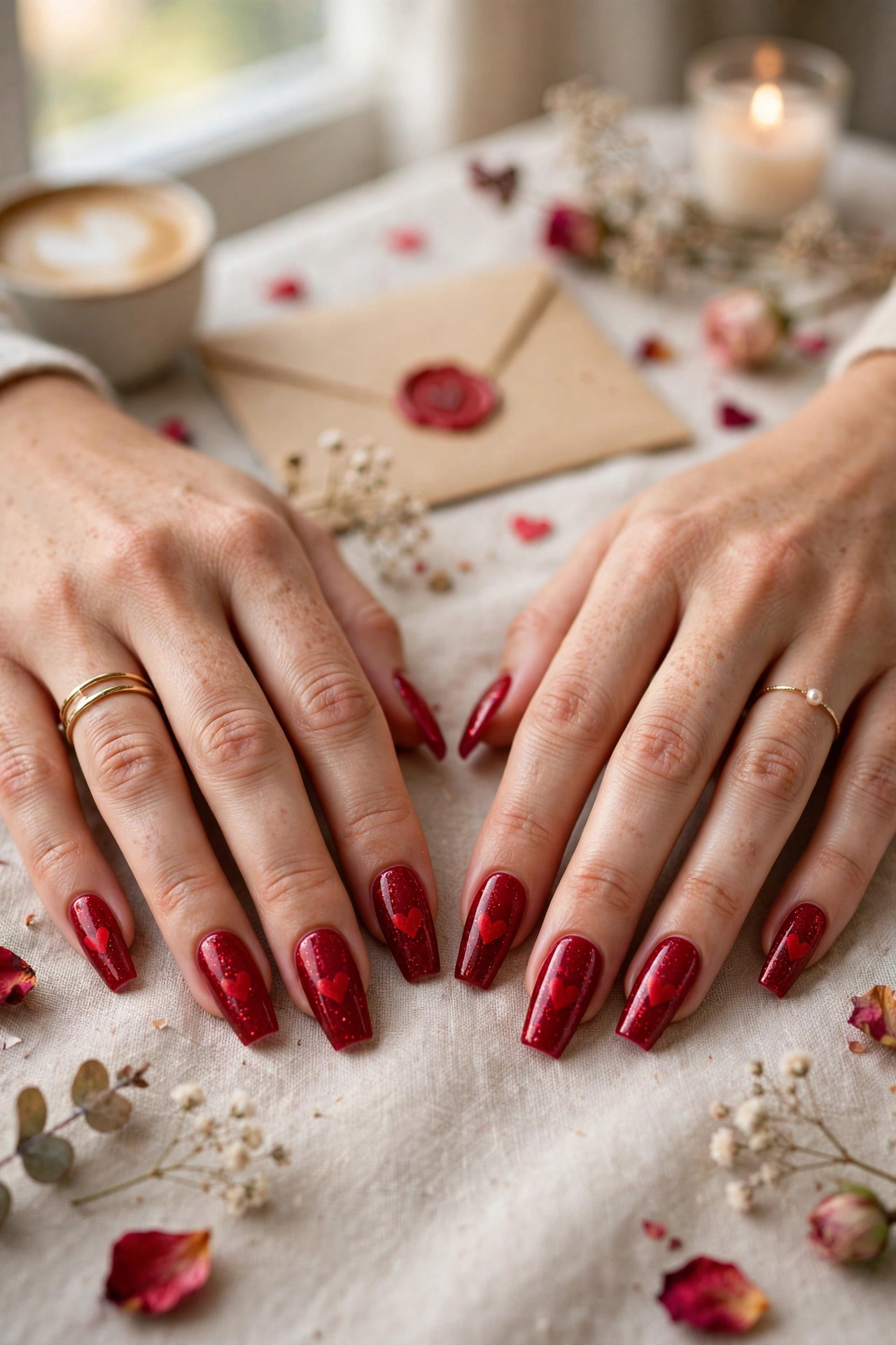 Crimson Red Heart Nail Art in Coffin Shape with a Subtle Glitter Accent