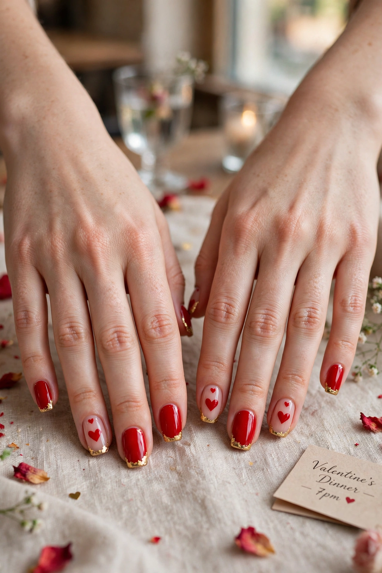 Classic Red Red Heart Nail Art in Squoval Shape with a Gold Foil Tip