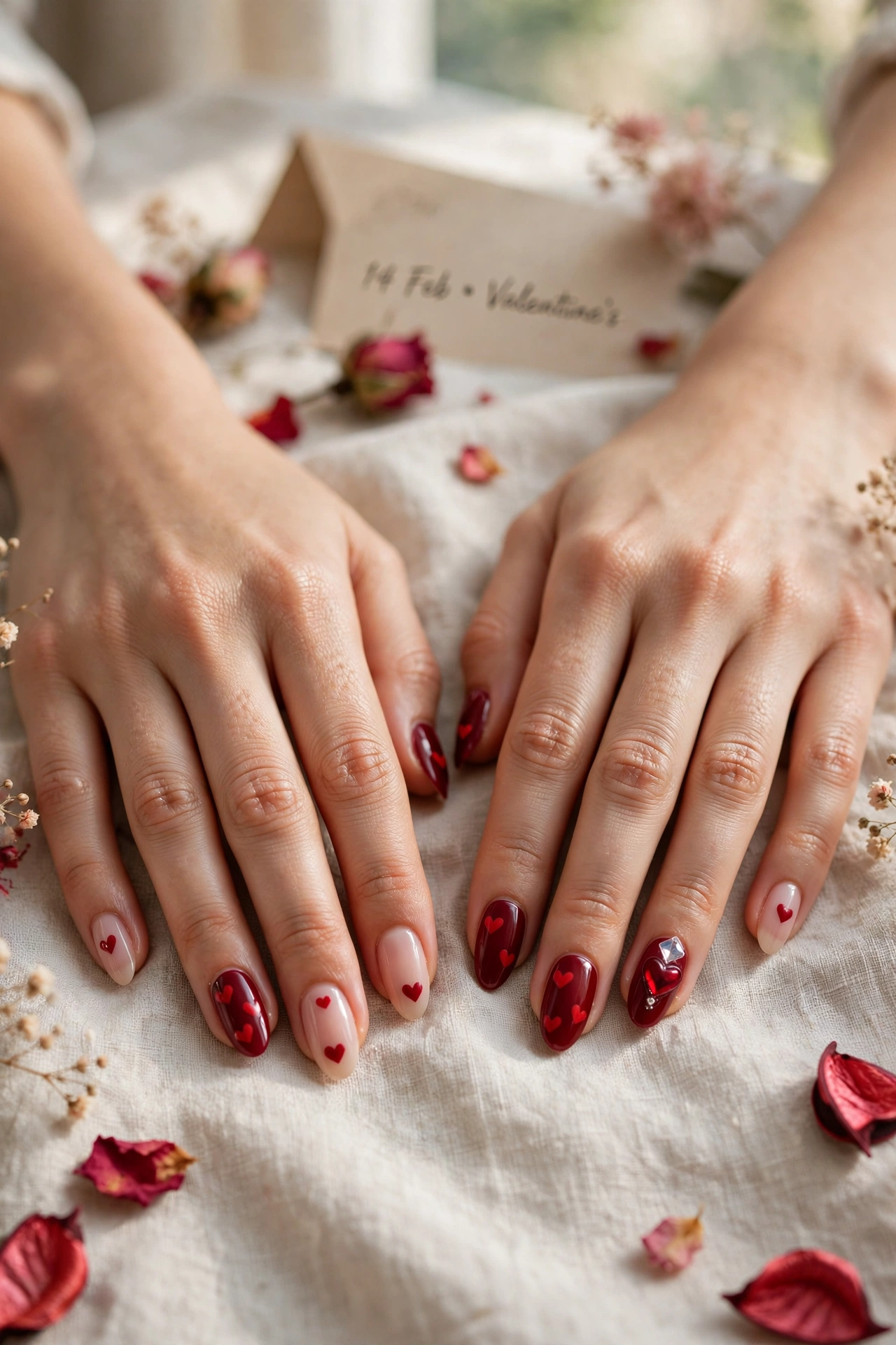 Deep Red Red Heart Nail Art in Almond Shape with a Jewel Accent on One Nail