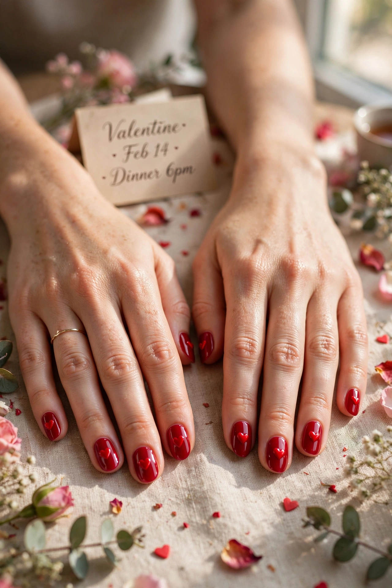 Crimson Red Heart Nail Art in Oval Shape with a Glossy Top Coat