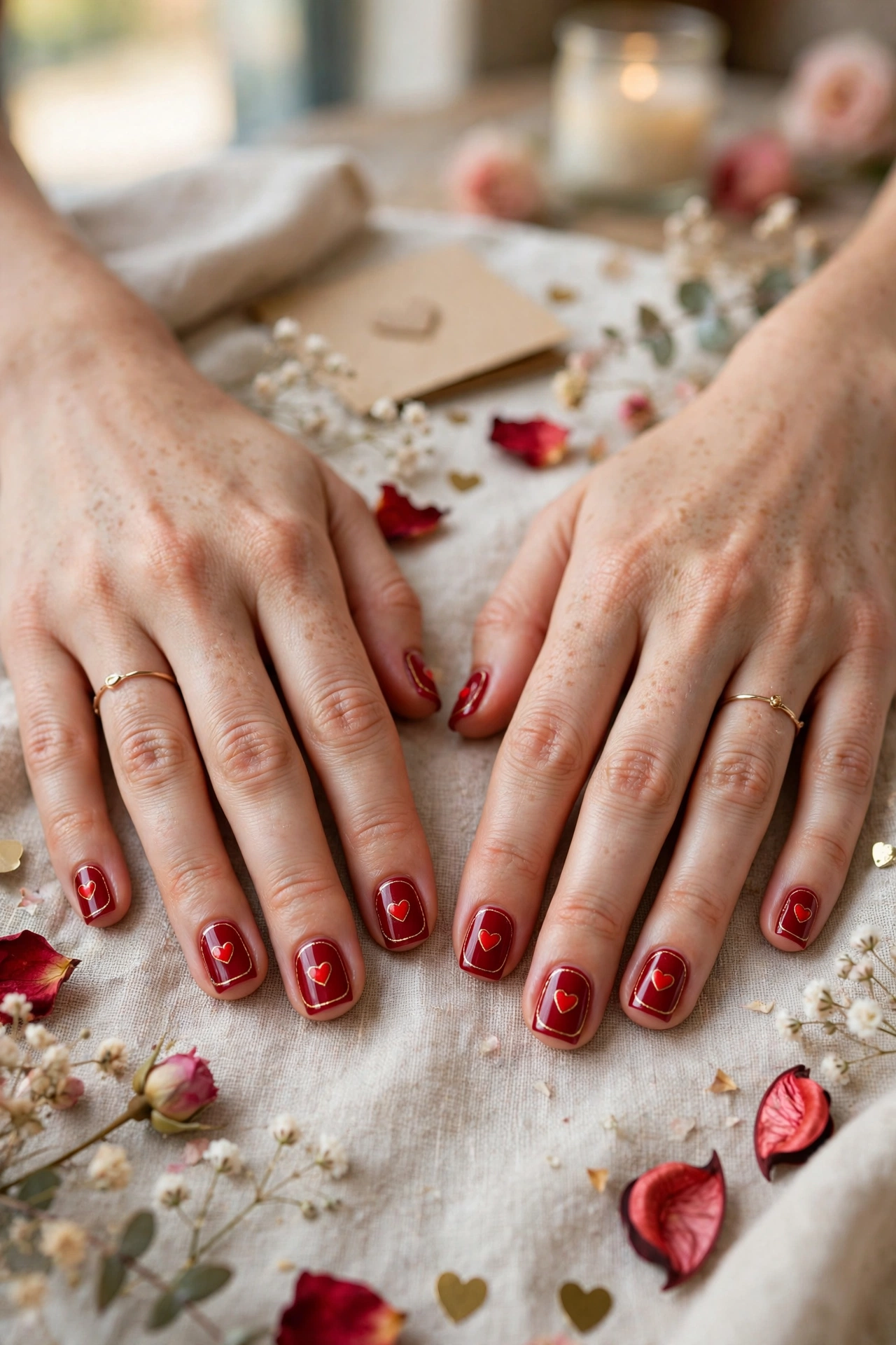 Classic Red Red Heart Nail Art in Short Square Shape with a Thin Gold Line