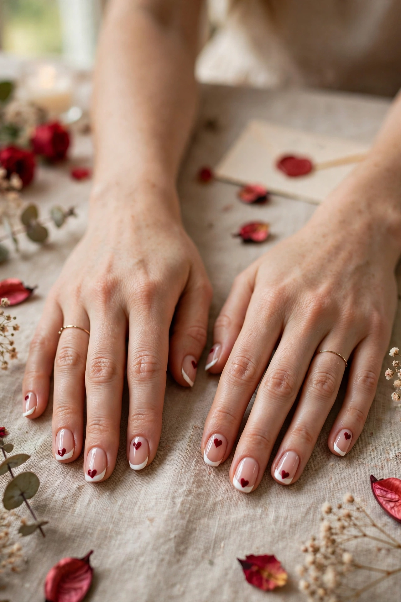 Deep Red Red Heart Nail Art in Round Shape with a Classic French Tip