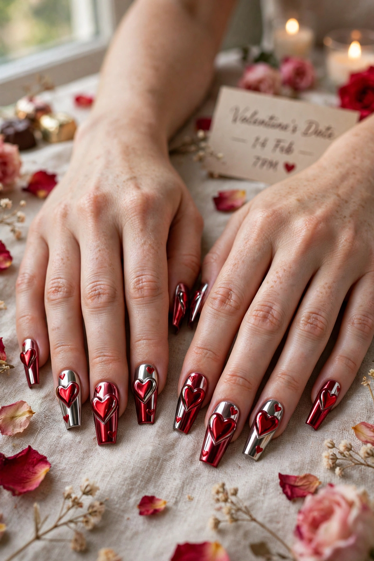Crimson Red Heart Nail Art in Coffin Shape with a Chrome Shine