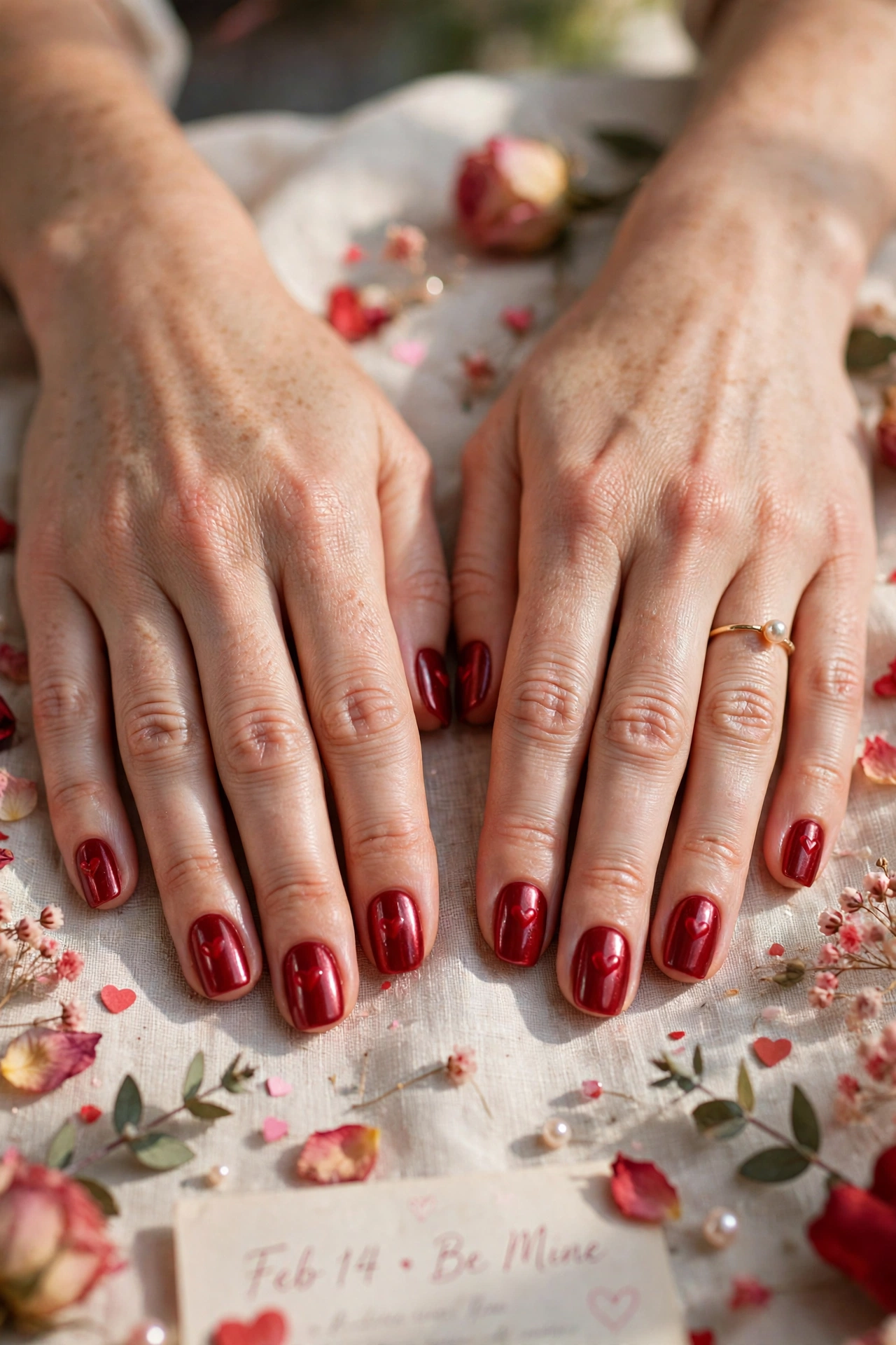 Classic Red Red Heart Nail Art in Squoval Shape with a Pearl Finish