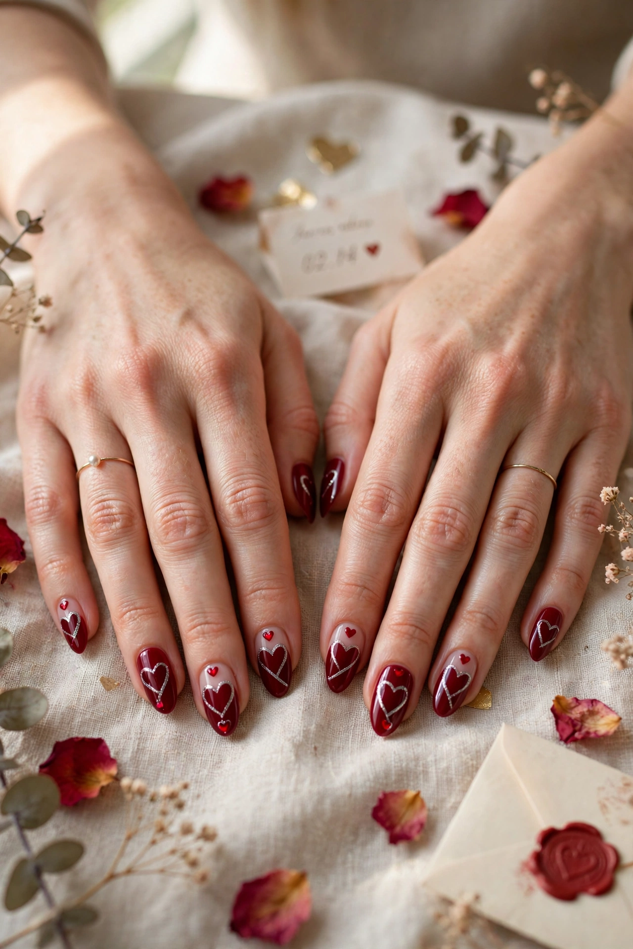 Deep Red Red Heart Nail Art in Almond Shape with a Silver Shimmer Line