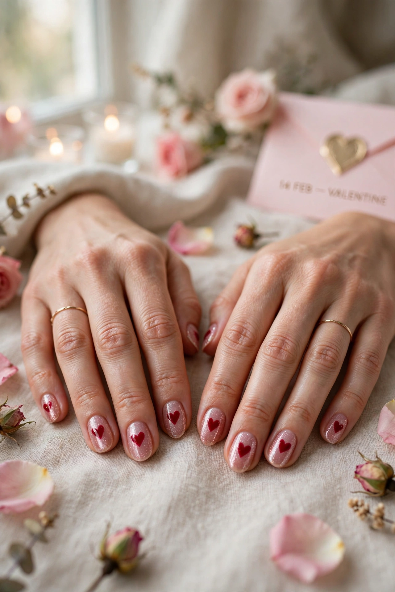 Crimson Red Heart Nail Art in Oval Shape with a Sheer Shimmer Layer